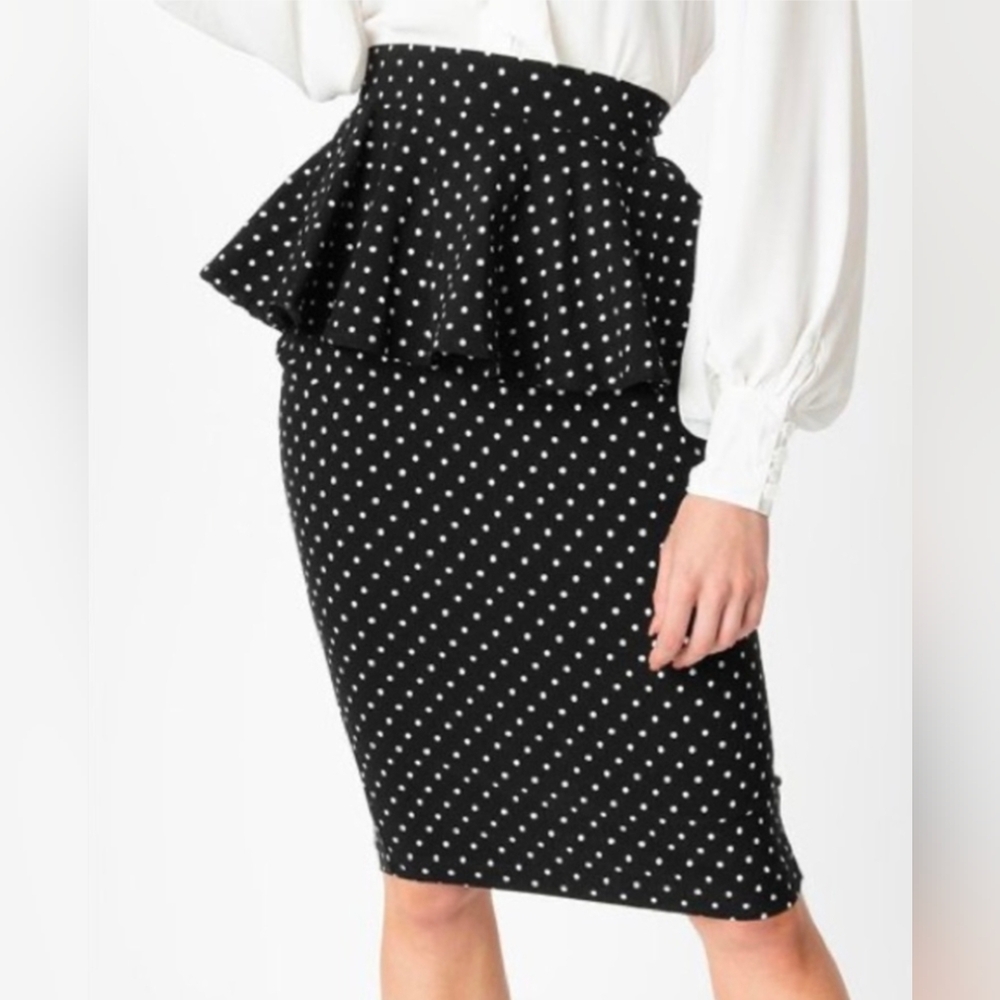 Unique Vintage 1940s Black Polka Dot Stretch Peplum Boulevard Pencil Skirt